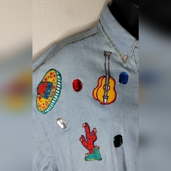 VINTAGE 80s Forenza Women's Large Tunic Shirt Chambray Denim Southwestern Relax - Picture 4 of 9